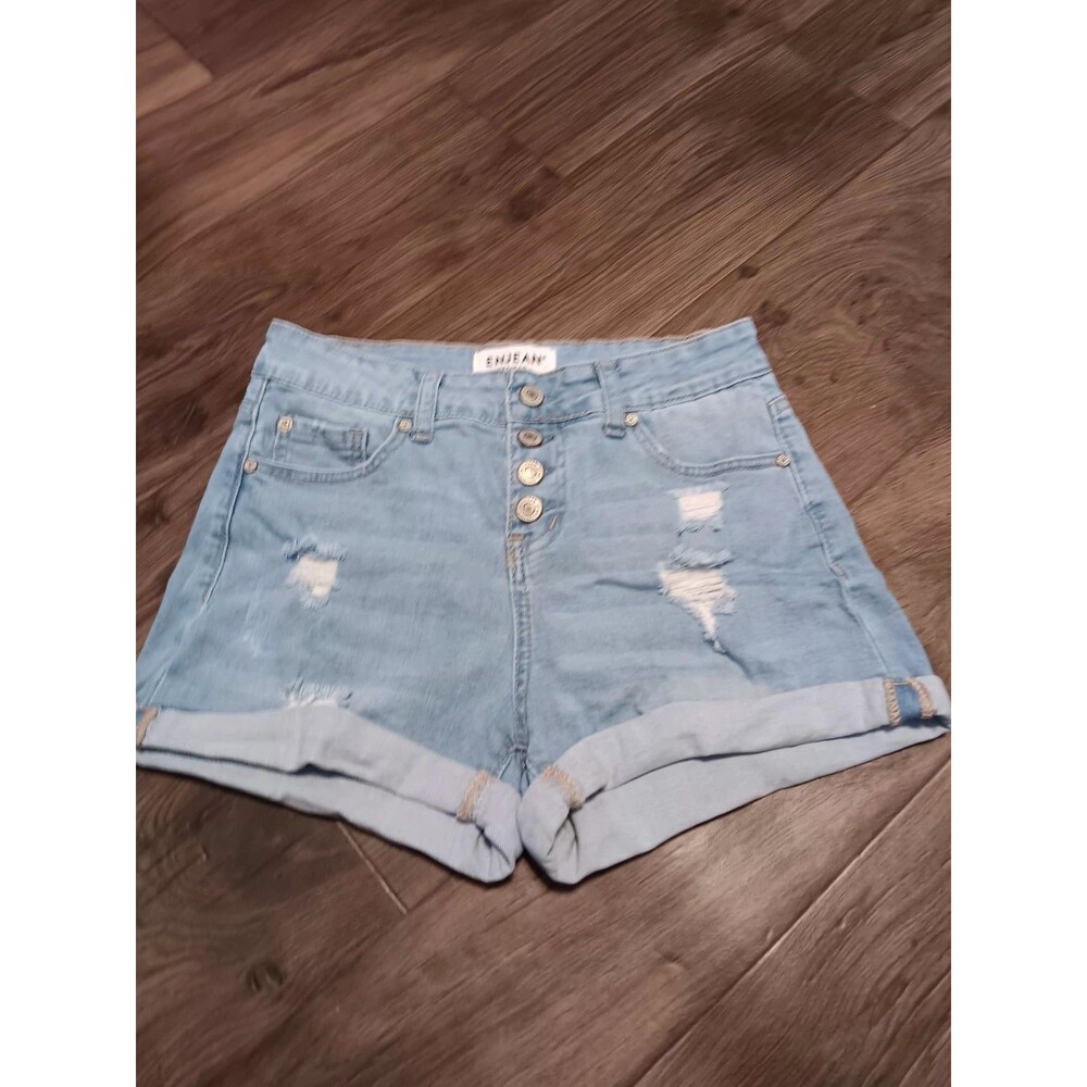 Enjean Denim Co Button Fly Cuffed Distressed Blue Jean Shorts Women's Sz S